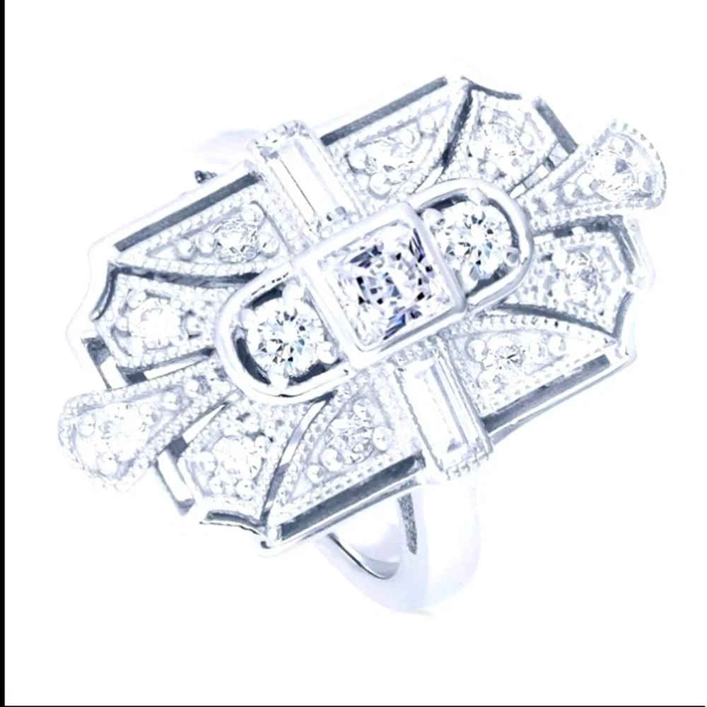 Sterling Silver + Crystal CZ Statement Art Deco Milgrain Cocktail Ring - Picture 4 of 9